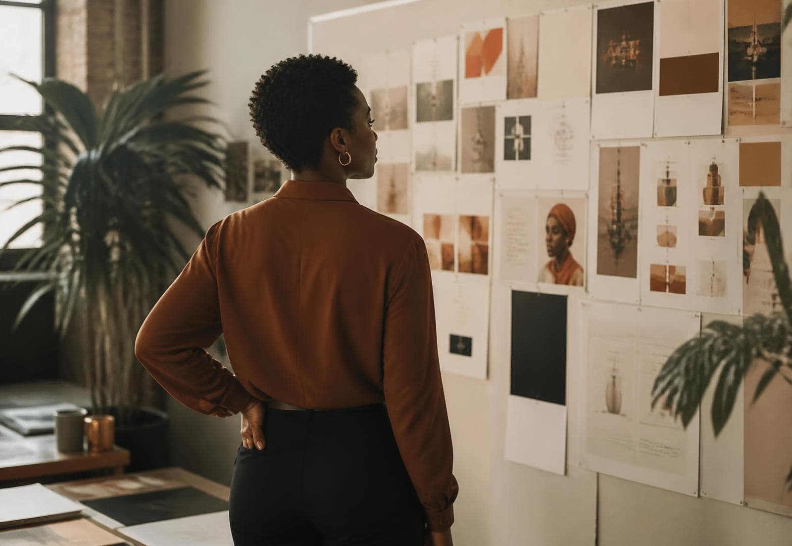 A Polongo creative director pinning printed brand layouts to a studio wall