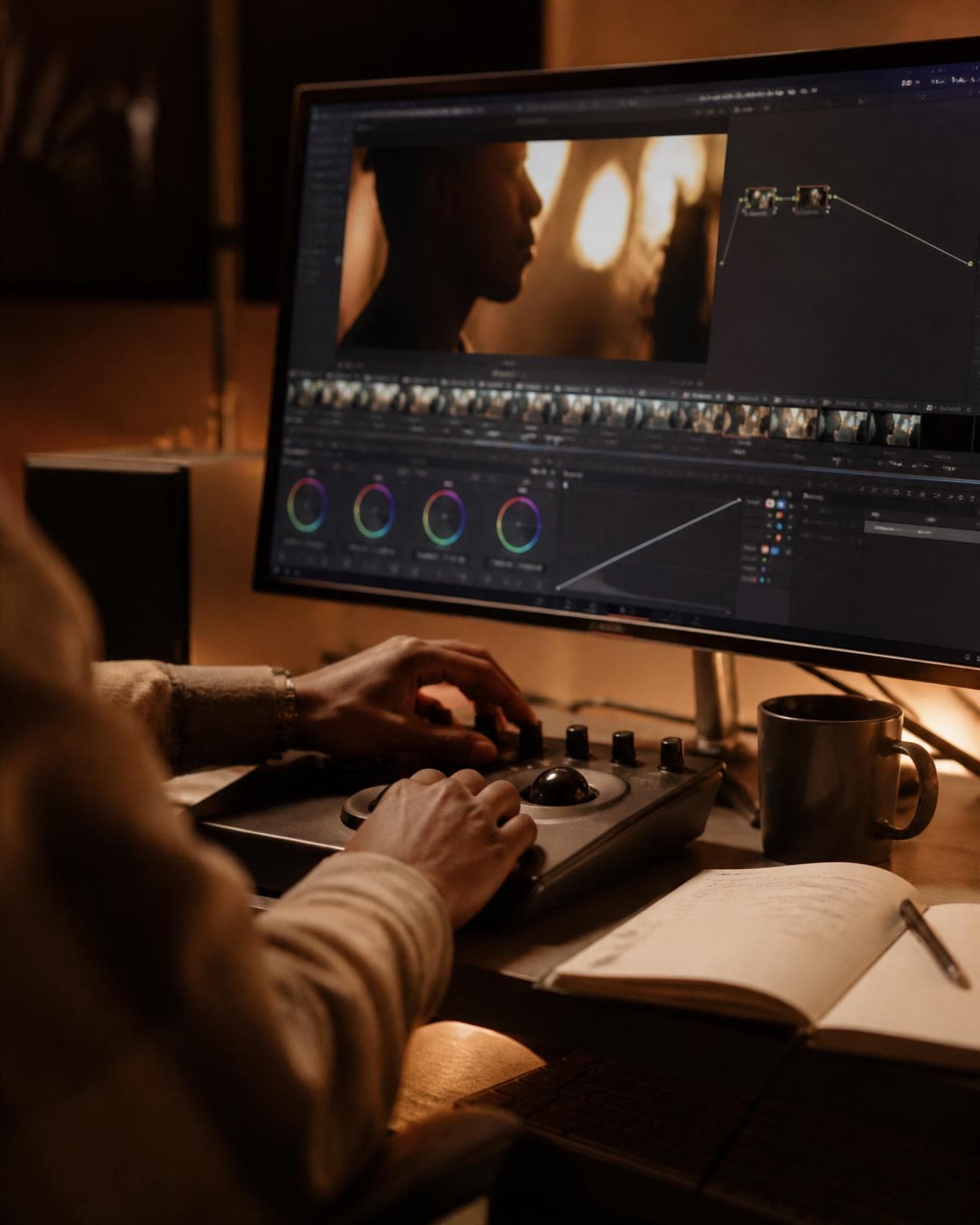 An editor colour-grading footage in a dim edit suite
