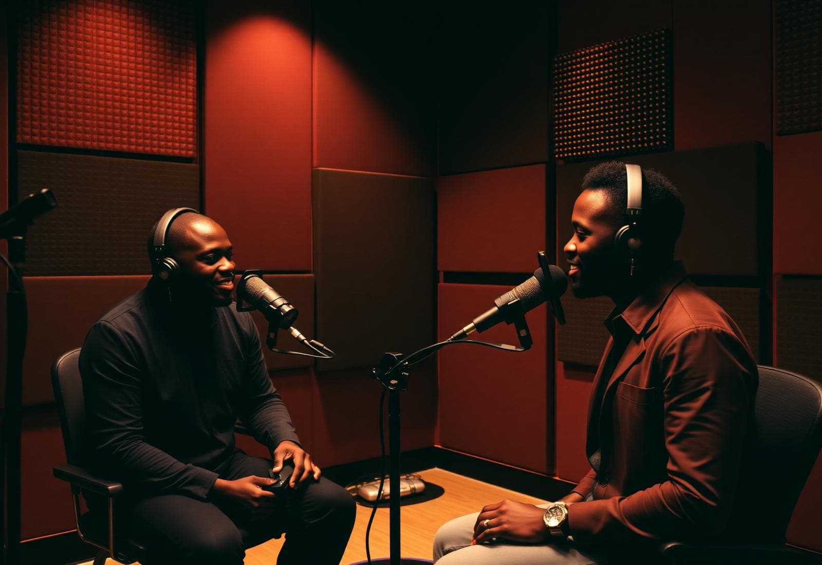A podcast recording session in a treated studio